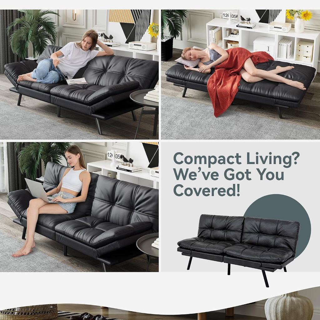 Futon Sofa Bed Convertible Couch, Black Faux Leather Sofa Bed with Memory Foam, Adjustable Backrest & Armrests, Multifunctional Small Loveseat Sleeper Sofa for Living Room, Apartment, Office