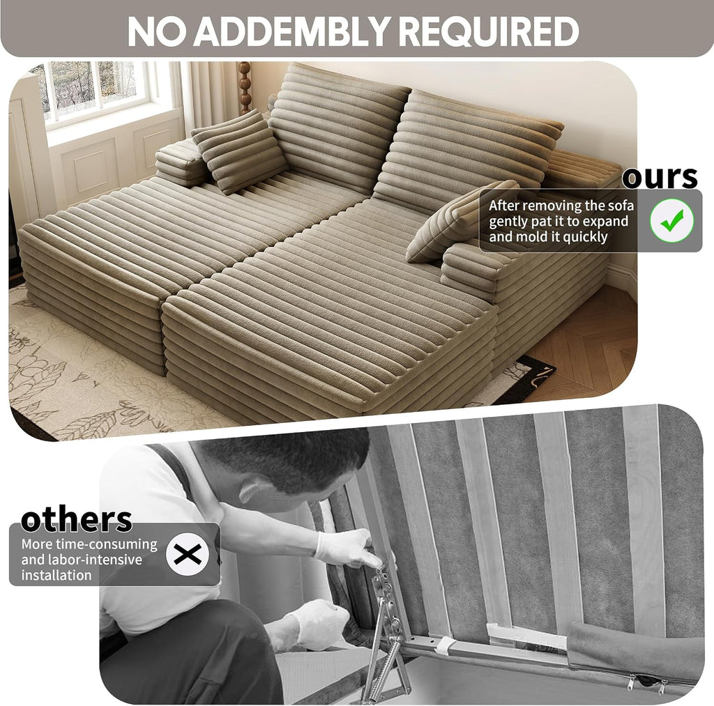 80' Oversized Double Lounge Chaise,Cloud Plush Sofa Bed,Upholstered Boneless Cloud Sofa Deep Seat,No Assembly Required,Modern Corduroy Sleeper Loveseat Chair for Living Room Bedroom Reading,Camel