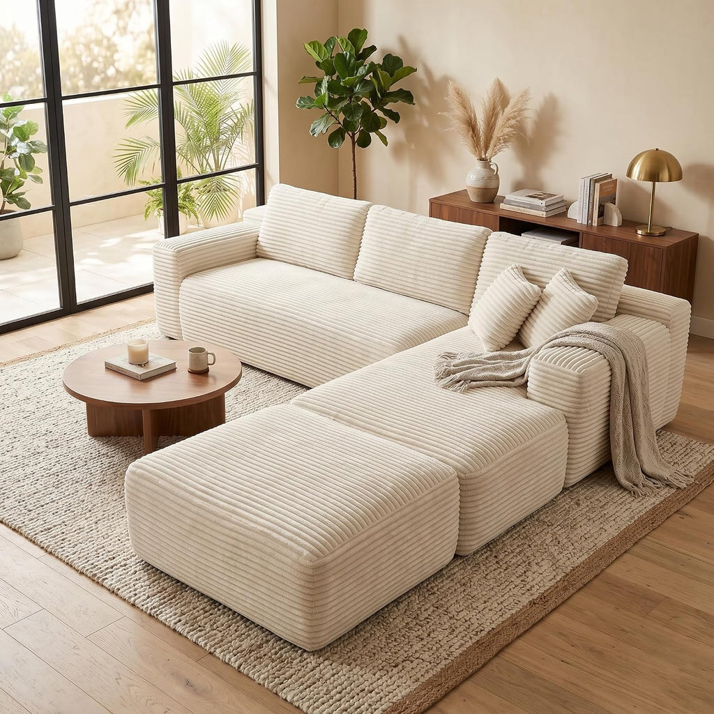 Oversized Boneless Couch for Living Room, Corduroy Fabric Cloud Couch, Modular Sectional Sofa, Modern Living Room Furniture with Ottoman, Memory Foam Sofa in a Box No Assembly