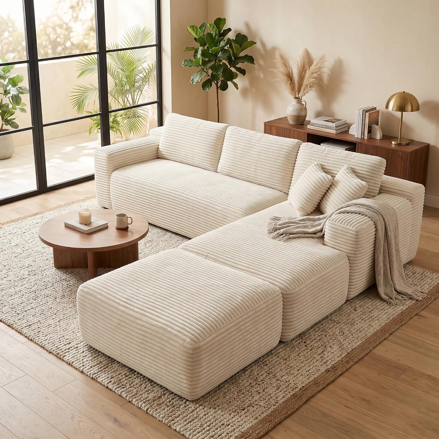 Oversized Boneless Couch for Living Room, Corduroy Fabric Cloud Couch, Modular Sectional Sofa, Modern Living Room Furniture with Ottoman, Memory Foam Sofa in a Box No Assembly
