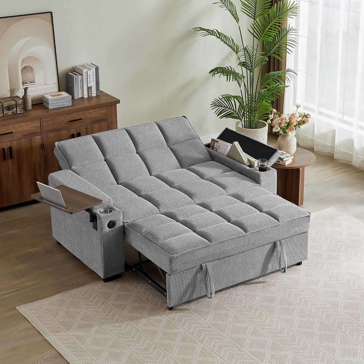 Auvsoce 65'' Chaise Lounge Chair Indoor, 3-in-1 Convertible Sofa Bed with Pull-Out Design, 360° Swivel Side Table, Modern Granular Velvet Couch Bed for Living Room, Small Space & Apartment-Friendly