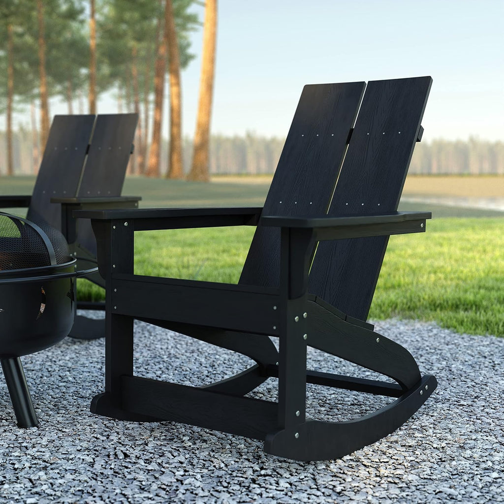 EMMA + OLIVER Harmon Adirondack Rocking Chair - Black Poly Resin - Suitable for Indoor/Outdoor Use - All Weather Materials - Easy Assembly - 350 lb. Weight Capacity