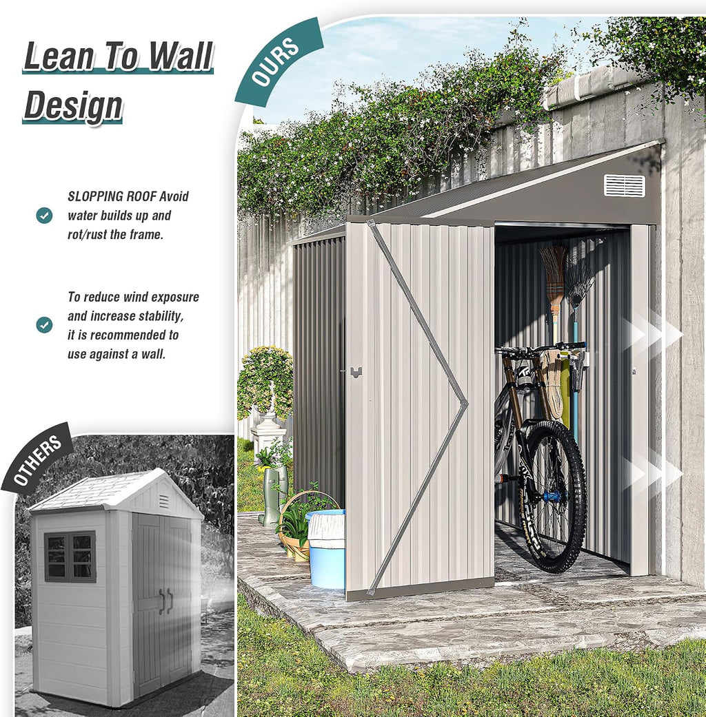 4x8FT Outdoor Lean to Storage Shed, Metal Wall Side Sheds Garden Tool Storage Shed W/Lockable Door and Air Vents, Waterproof Garden Shed Utility Tool for Backyard, Patio, Lawn