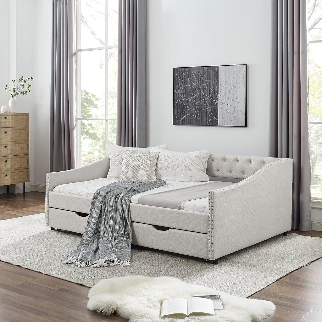 KEIKI Full Size Upholstery Daybed with 2 Drawers and Headboard, Mid-Century Style Tufted Sofa Bed with Button on Back, Easy Assembly, No Box Spring Required, for Living Room and Bedroom, Beige