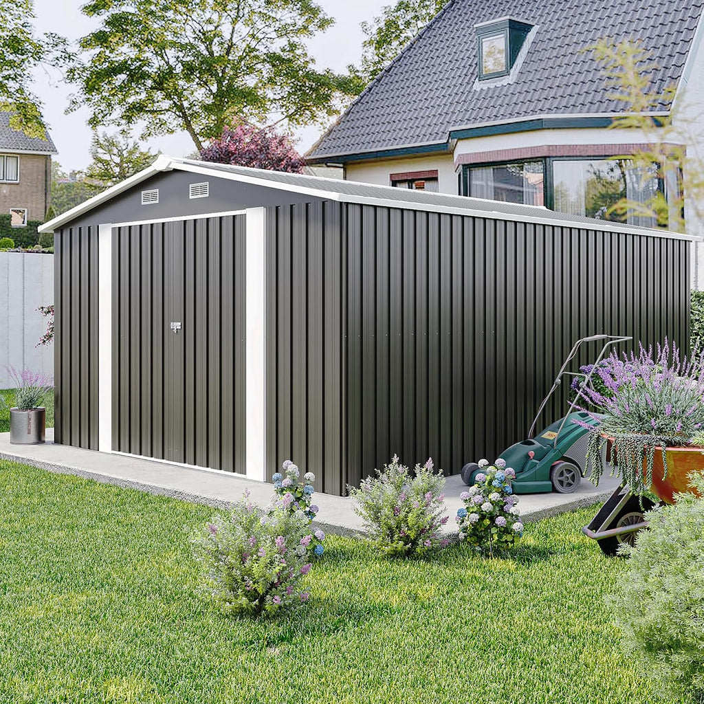 10 x14 FT Outdoor Storage Shed, Extra Large Metal Garden Shed with Waterproof Roof and 3 Lockable Doors, All-Weather Utility Tool Shed Storage House for Backyard, Patio, Lawn (Dark Gray)