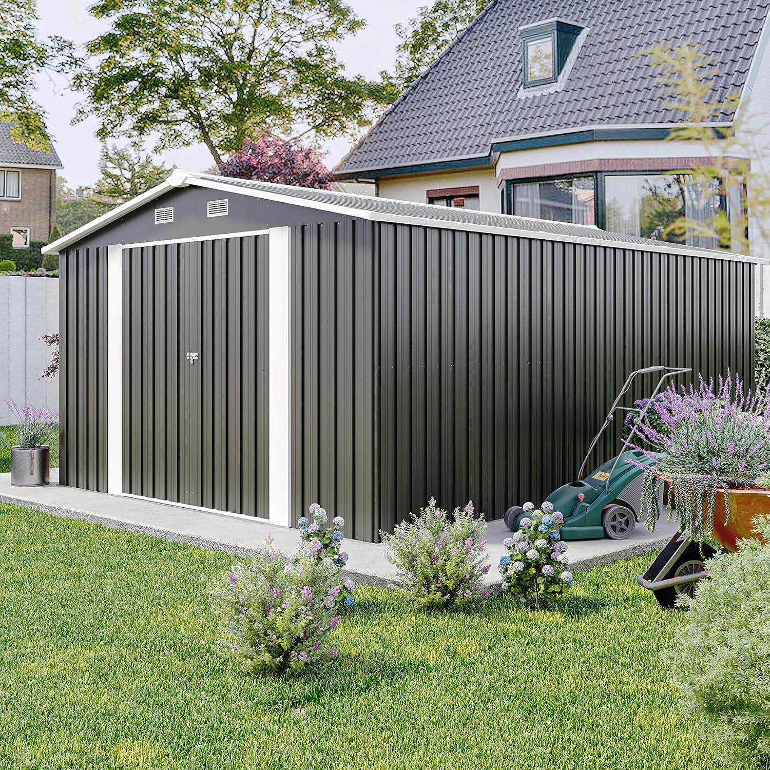 10 x14 FT Outdoor Storage Shed, Extra Large Metal Garden Shed with Waterproof Roof and 3 Lockable Doors, All-Weather Utility Tool Shed Storage House for Backyard, Patio, Lawn (Dark Gray)