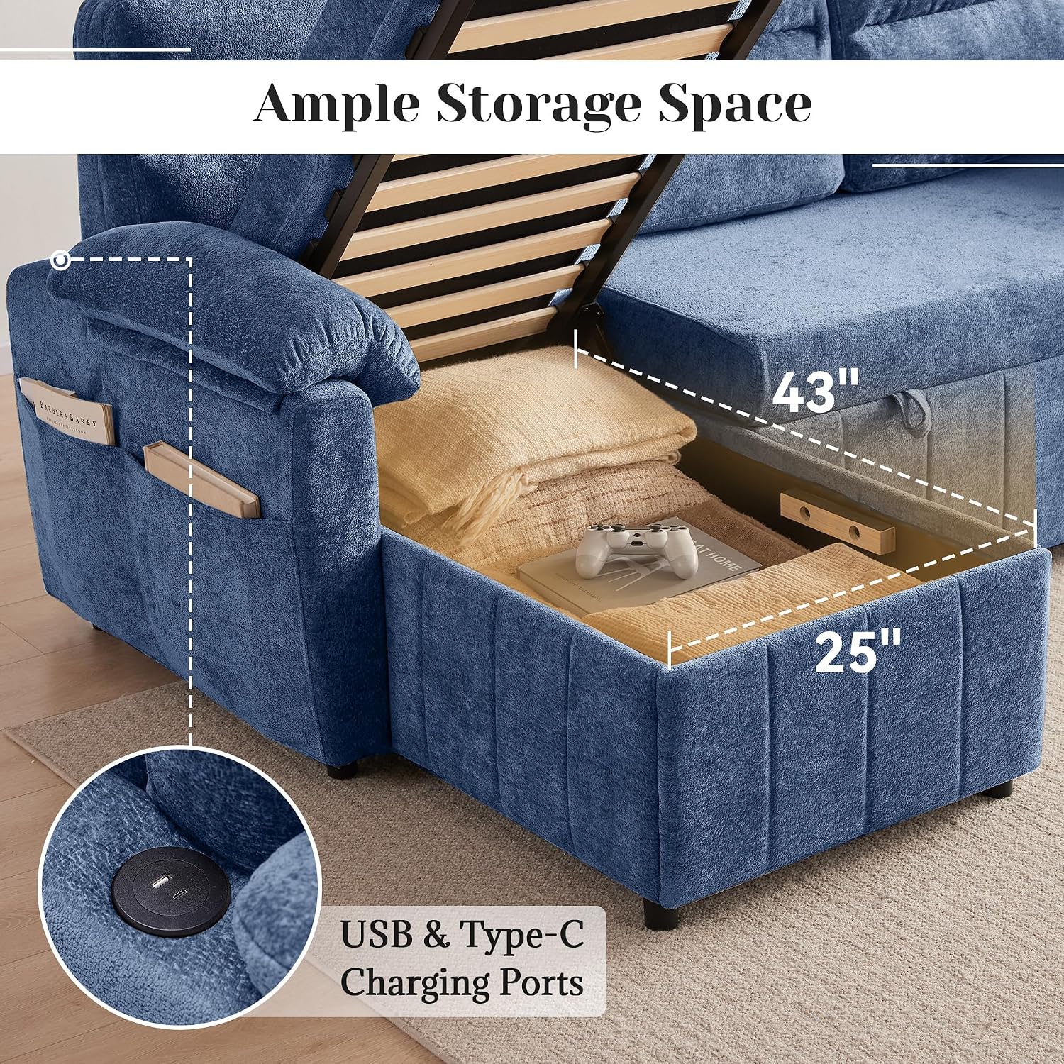 Tbfit 84'' Sleeper Sofa Bed, 3 in 1 Cloud Pull Out Sofa Couch with USB & Storage Chaise, Chenille Convertible Sofa Bed with Pull Out Bed, Couches for Living Room, Apartment, Office, Blue