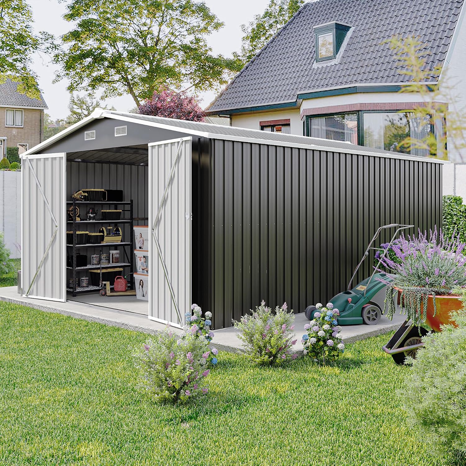 YOPTO 10x14 FT Outdoor Storage Shed, Extra Large Metal Garden Shed with Waterproof Roof, 4 Vents and 3 Lockable Doors,All-Weather Tool Shed Storage House for Backyard, Patio, Lawn,Dark Grey