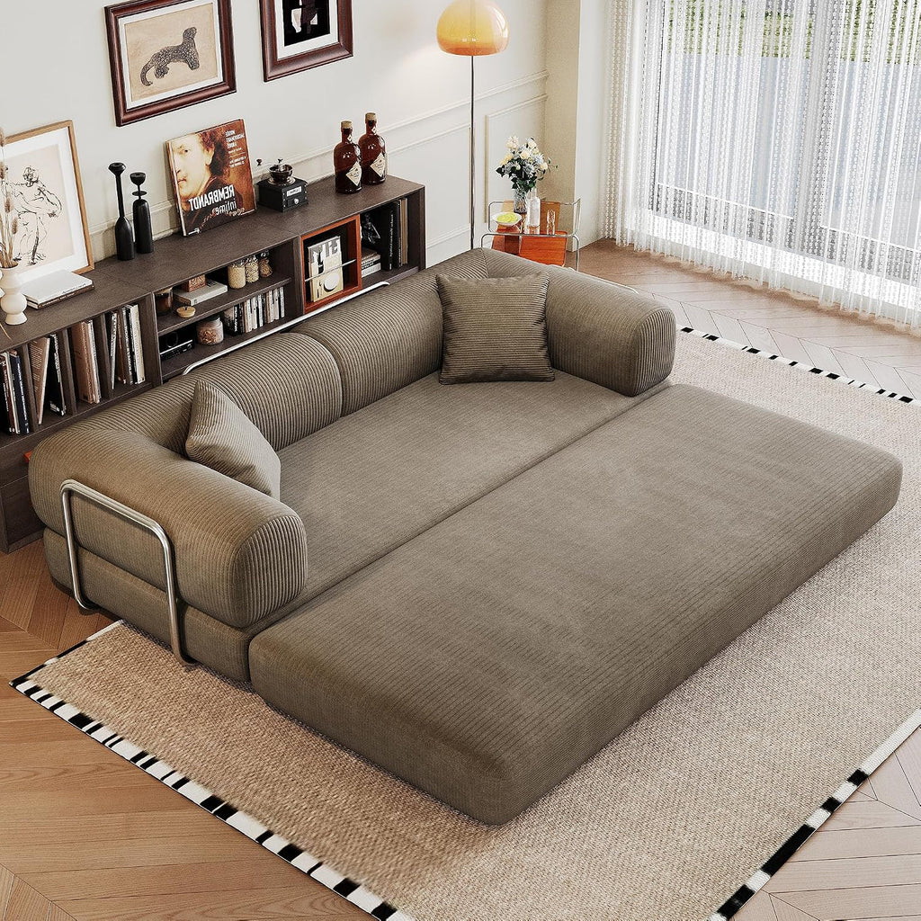 79' Convertible Sofa Bed, Corduroy Folding Pull Out Couch with Pillows, No Assembly Modern Boneless Couch Compression Sofa in Box, Floor Sofa with Support Rods for Living Room,Camel
