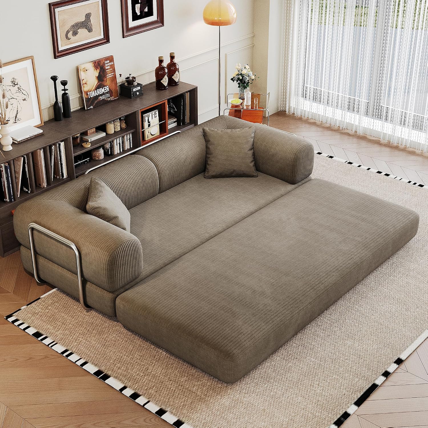 79' Convertible Sofa Bed, Corduroy Folding Pull Out Couch with Pillows, No Assembly Modern Boneless Couch Compression Sofa in Box, Floor Sofa with Support Rods for Living Room,Camel