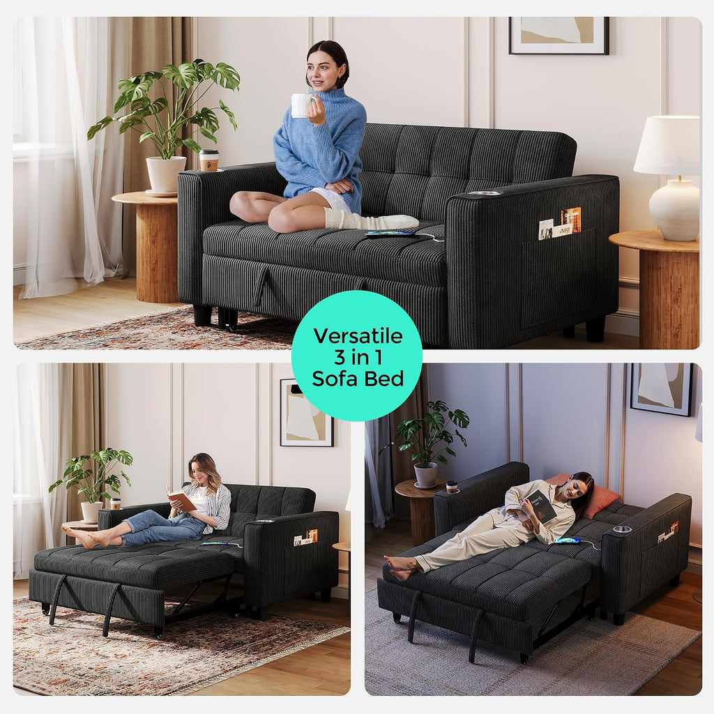 LINSY Sleeper Sofa Bed, 54' Pull Out Couch with Charging Station & Cup Holder, Small 3 in 1 Convertible Loveseat Sleeper Couch for Apartment, Dorm Room, Bedroom and Small Space, Corduroy Black