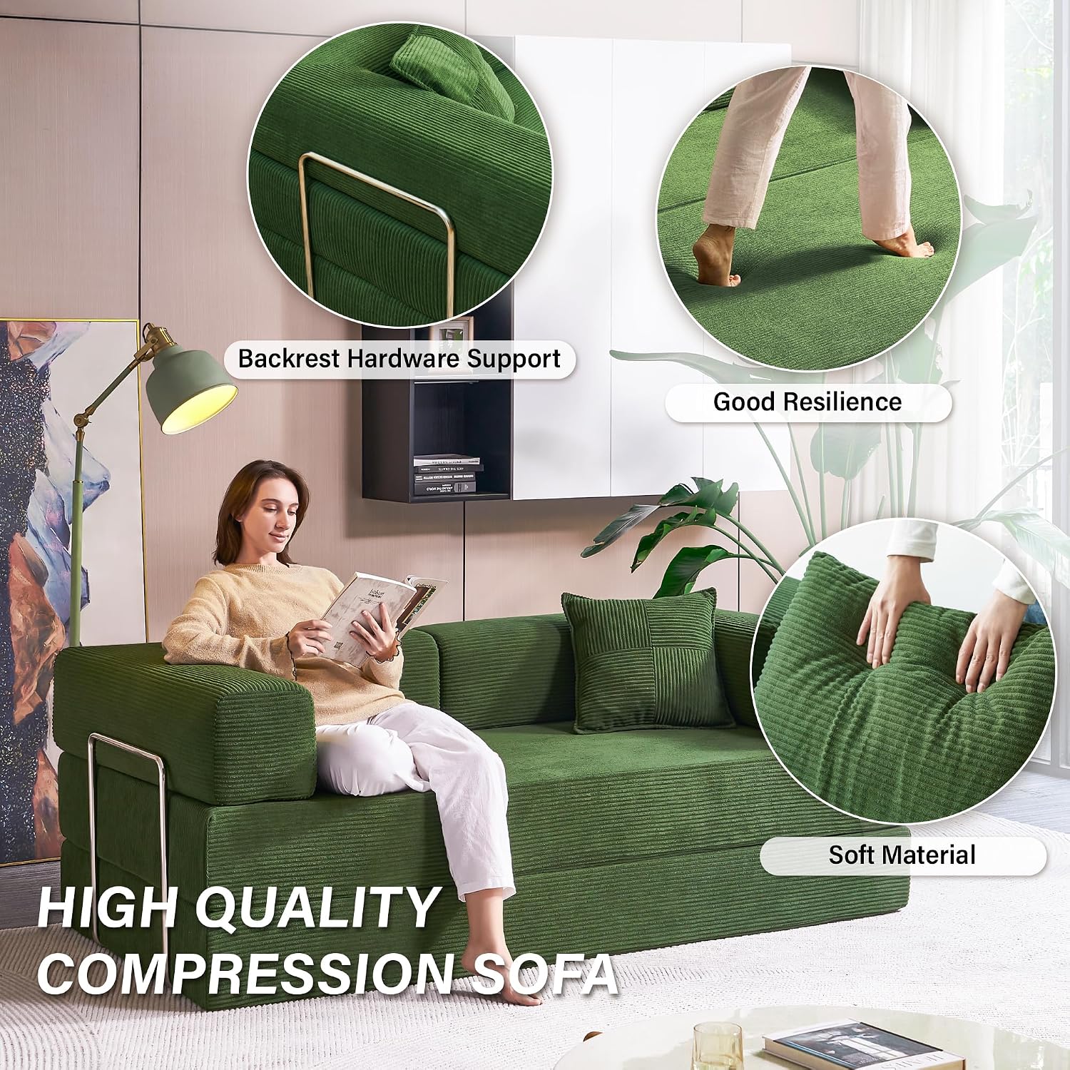 Compression Sofa - 78''Convertible Floor Sofa Bed - with Pillow Back Support Armrest - Comfy Foldable Sofa Bed Compressed Sofa in Box - Corduroy Fabric - for Living Room Bedroom (Green)