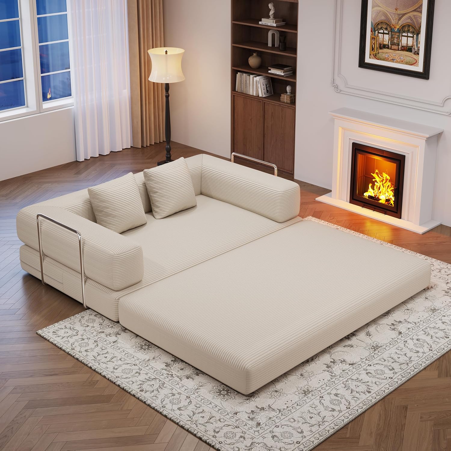 4-in-1 Foldable Sofa Bed Teddy Fabric Foam-Filled Compressed Couch, Beds Queen Size Convertible Sofa Couch Loveseat , Boneless Folding Sleeper for Living Room, Guest Bed, Playroom (Beige, 59' 2 Seat)