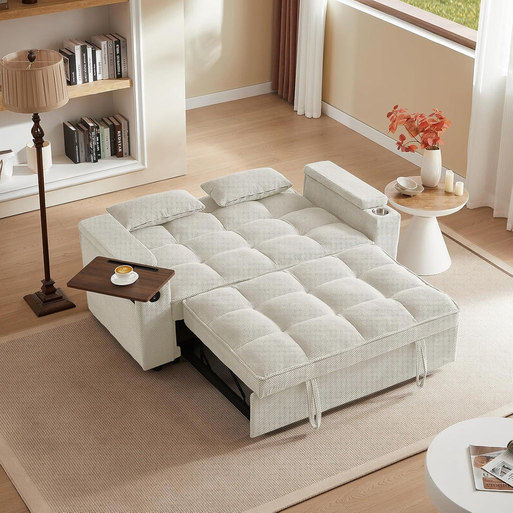 Auvsoce 65'' Convertible Sleeper Sofa Bed with Adjustable Backrest, Chaise Lounge, Side Table & USB/Type-C Ports – Stylish & Functional Addition to Any Living Room (Modern Beige Sofa Bed)