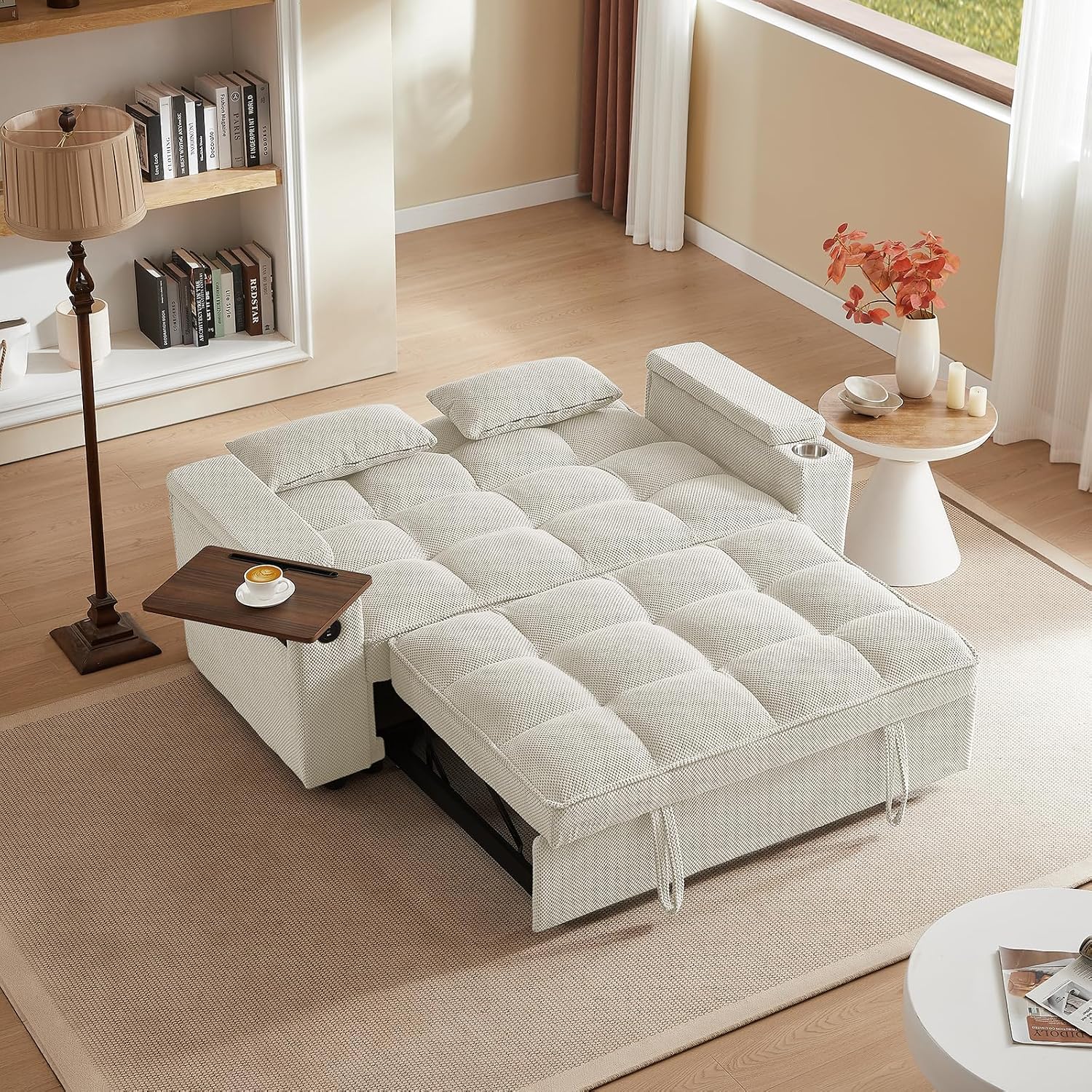 Auvsoce 65'' Convertible Sleeper Sofa Bed with Adjustable Backrest, Chaise Lounge, Side Table & USB/Type-C Ports – Stylish & Functional Addition to Any Living Room (Modern Beige Sofa Bed)