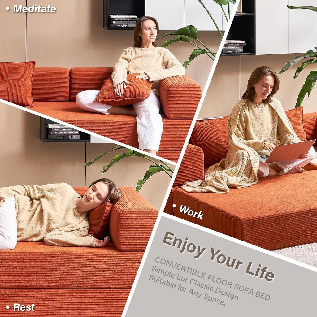 YINIX Foldable Sofa Bed, 78'' Folding Floor Couch, Compressed Convertable Sleeper Sofa, Memory Foam Couch with Pillow Back Support Armrest, 4-in-1 Futon Sofa Bed for Living Room, Orange