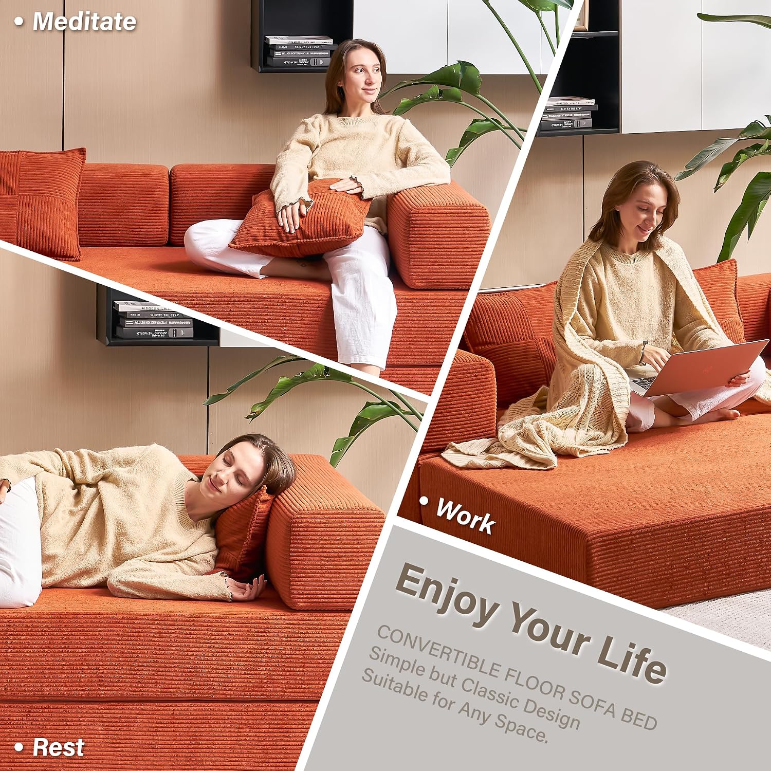 YINIX Foldable Sofa Bed, 78'' Folding Floor Couch, Compressed Convertable Sleeper Sofa, Memory Foam Couch with Pillow Back Support Armrest, 4-in-1 Futon Sofa Bed for Living Room, Orange