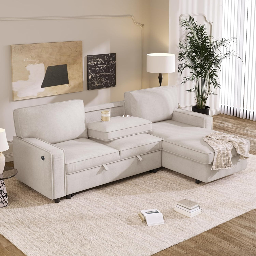 LUMISOL 89' Convertible Sleeper Sofa Bed, Modern L-Shaped Sectional Sofa Pull Out Couch with Chaise, Chenille Sofa Bed with Cup Holder, USB Ports for Living Room, Small Apartment, Beige