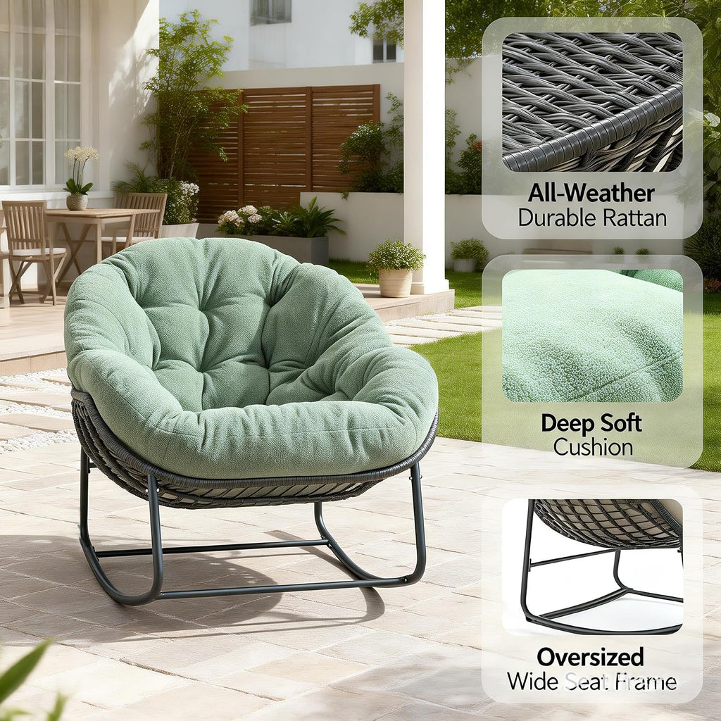 YDcosyfy Oversized Outdoor Papasan Rocking Chair Set of 2 with Soft Cushion, Comfy Patio Egg Chair, Wicker Lounge Rocker for Balcony/Porch/Garden, Reinforced All Weather Rattan Frame, Hunter Green