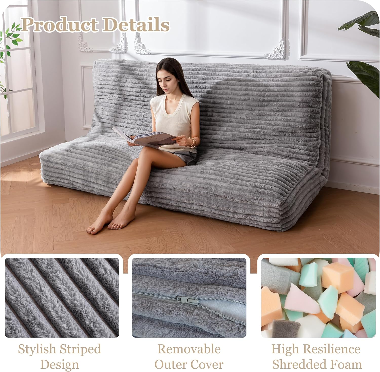 YOSHOOT 8 Inches Futon Mattress, Thick Futons Sofa Bed Couch, Floor Mattress for Adults, Shredded Foam Filling(Frame Not Included), Medium Firm，Queen Size