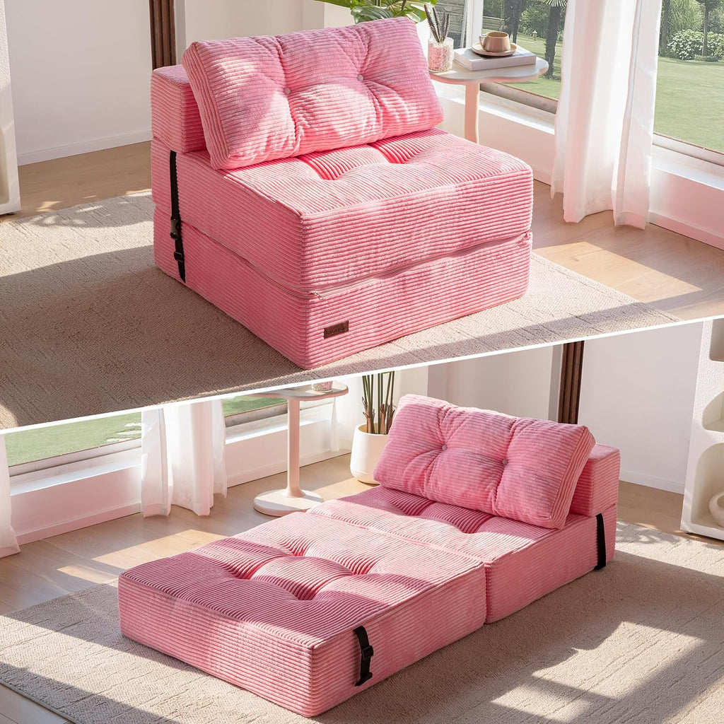 MAXYOYO Folding Sofa Bed, Convertible Sofa Bed with High-Density Support Foam, Portable 4 in 1 Fold Out Chair to Floor Lounger, Versatile Floor Couch for Living Room Bedroom, Pink