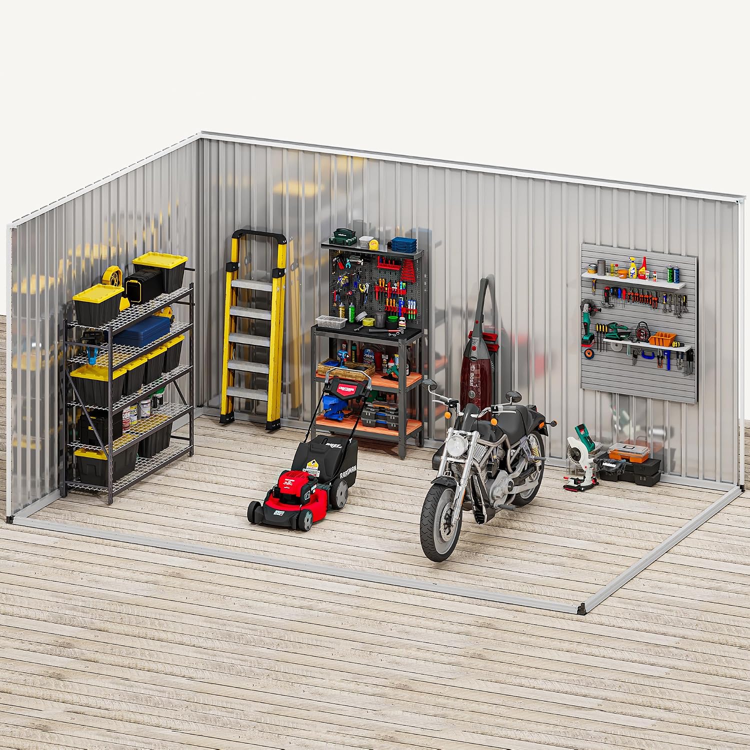 DWVO 12' x 8' Outdoor Storage Shed, Waterproof Metal Garden Shed with Windows, Lockable Doors, and Sloped Roof for Patio, Backyard, Lawn, Tool Storage, Bike Shed, Pet Shelter (Gray + White)