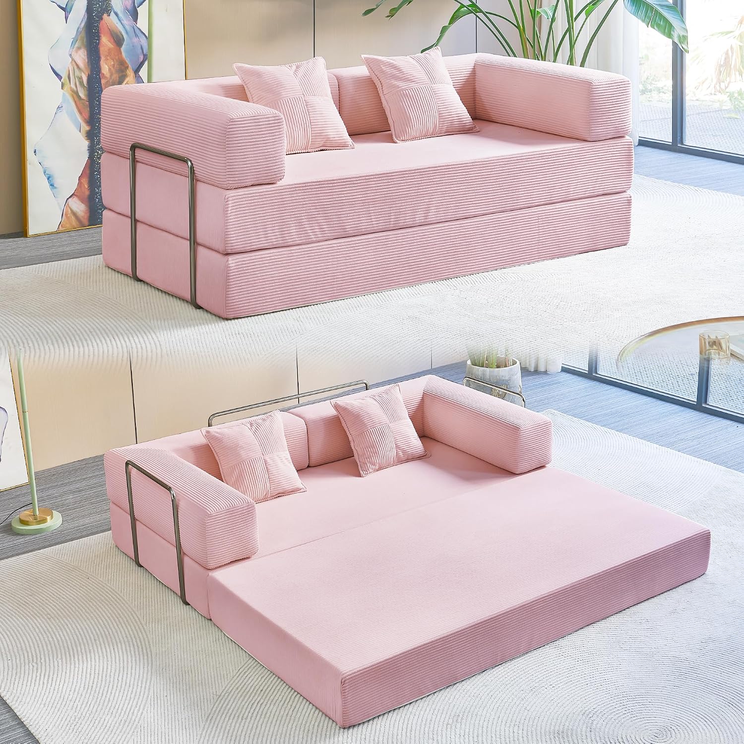 Compression Sofa - 78''Convertible Floor Sofa Bed - with Pillow Back Support Armrest - Comfy Foldable Sofa Bed Compressed Sofa in Box - Corduroy Fabric - for Living Room Bedroom (Pink)