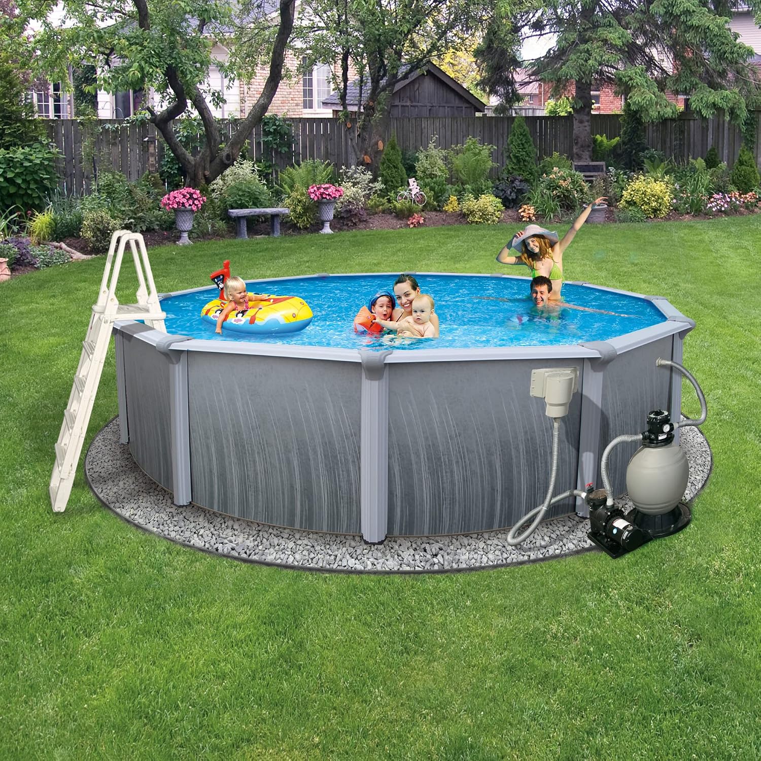 Martinique 27-ft Round 52-in Deep 7-in Top Rail Metal Wall Swimming Pool Package