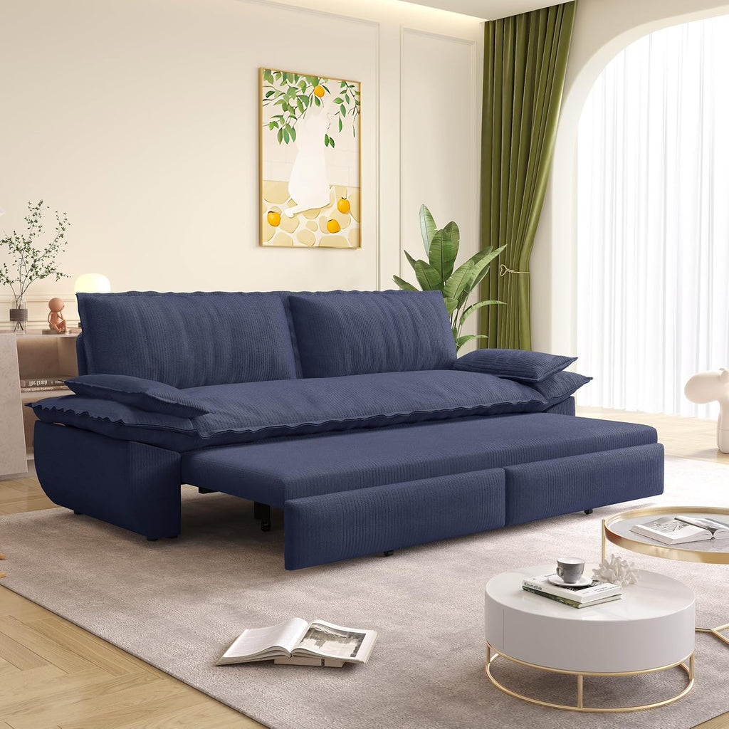 73.2' Sofa Bed Queen Size, Pull Out Couch Bed, 3-in-1 Convertible Sleeper Sofa with Cushion Armrest, Modern Corduroy Futon Couch for Living Room, Small Space, Apartment, Bedroom, Dark Blue