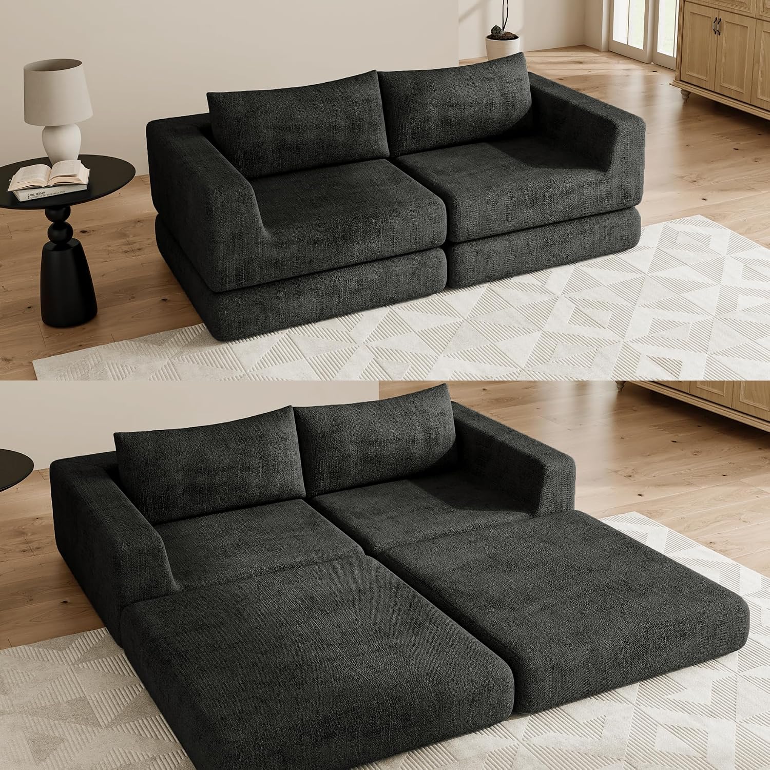 Chenille Convertible Futon Sofa Bed – Folding Iron Frame Sleeper Couch with Adjustable Backrest, Loveseat Recliner for Living Room, Apartment,(Dark Gray)