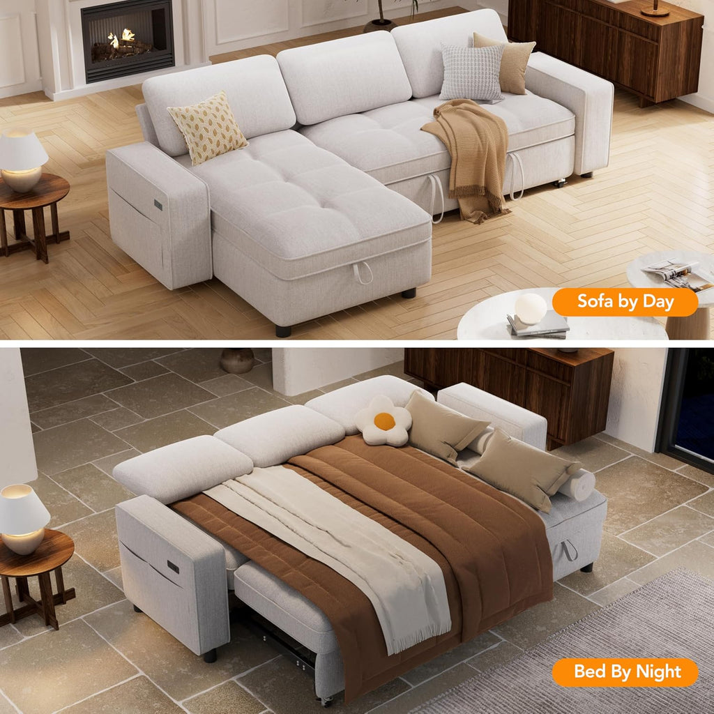 Vipbear 81' Sectional Sleeper Sofa with Pull Out Bed, L Shaped Sleeper Sofa, Pull Out Couch with Reclining Backrest, Reversible Storage Chaise, USB Ports, Tool-Free Assembly, Chenille Beige