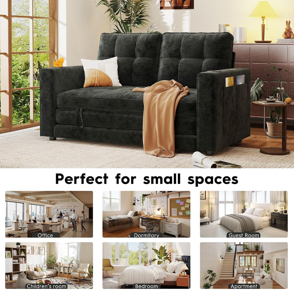 55' Convertible Folding Sofa Bed, Pull Out Couch Love Seat Sleeper Bed, Small Fold Out Loveseat Sleeper with Cup Holder and Pillow for Small Space, Bedroom Lounge, Dorm, Living Room(Black Chenille)