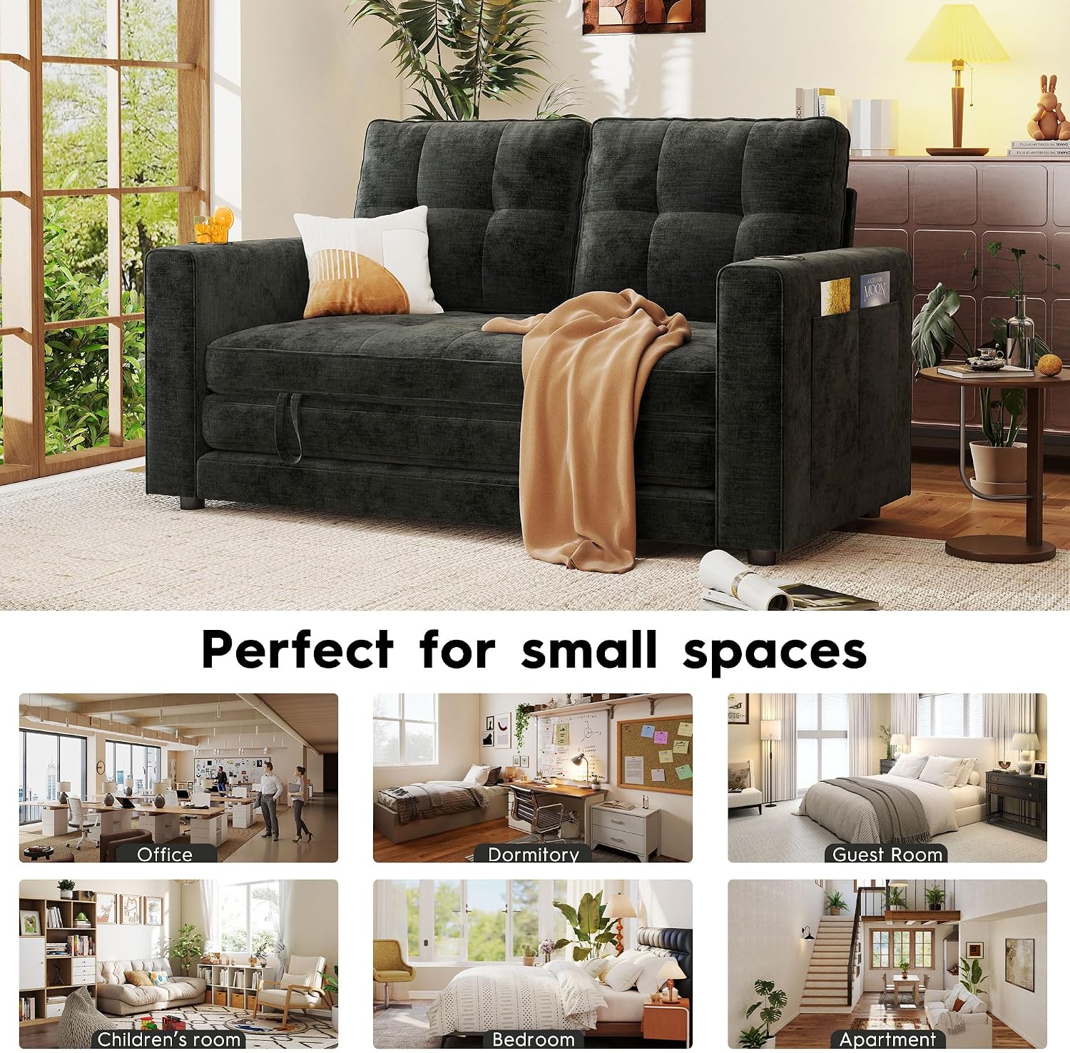 55' Convertible Folding Sofa Bed, Pull Out Couch Love Seat Sleeper Bed, Small Fold Out Loveseat Sleeper with Cup Holder and Pillow for Small Space, Bedroom Lounge, Dorm, Living Room(Black Chenille)