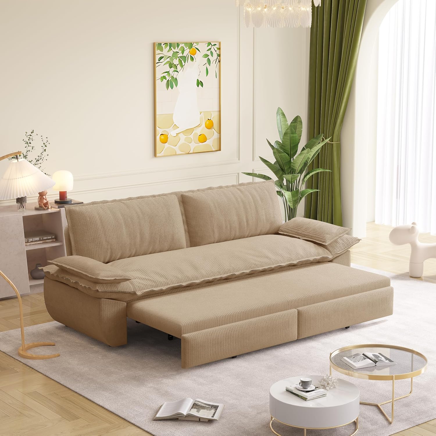 73.2' Sleeper Sofa Bed Queen, 3-in-1 Convertible Couch, Modern Pull Out Couches, Comfy Corduroy Futon Sofa, Cloud Loveseat Lounge, Pillow Arm for Small Spaces, Living Room, Apartment, Camel