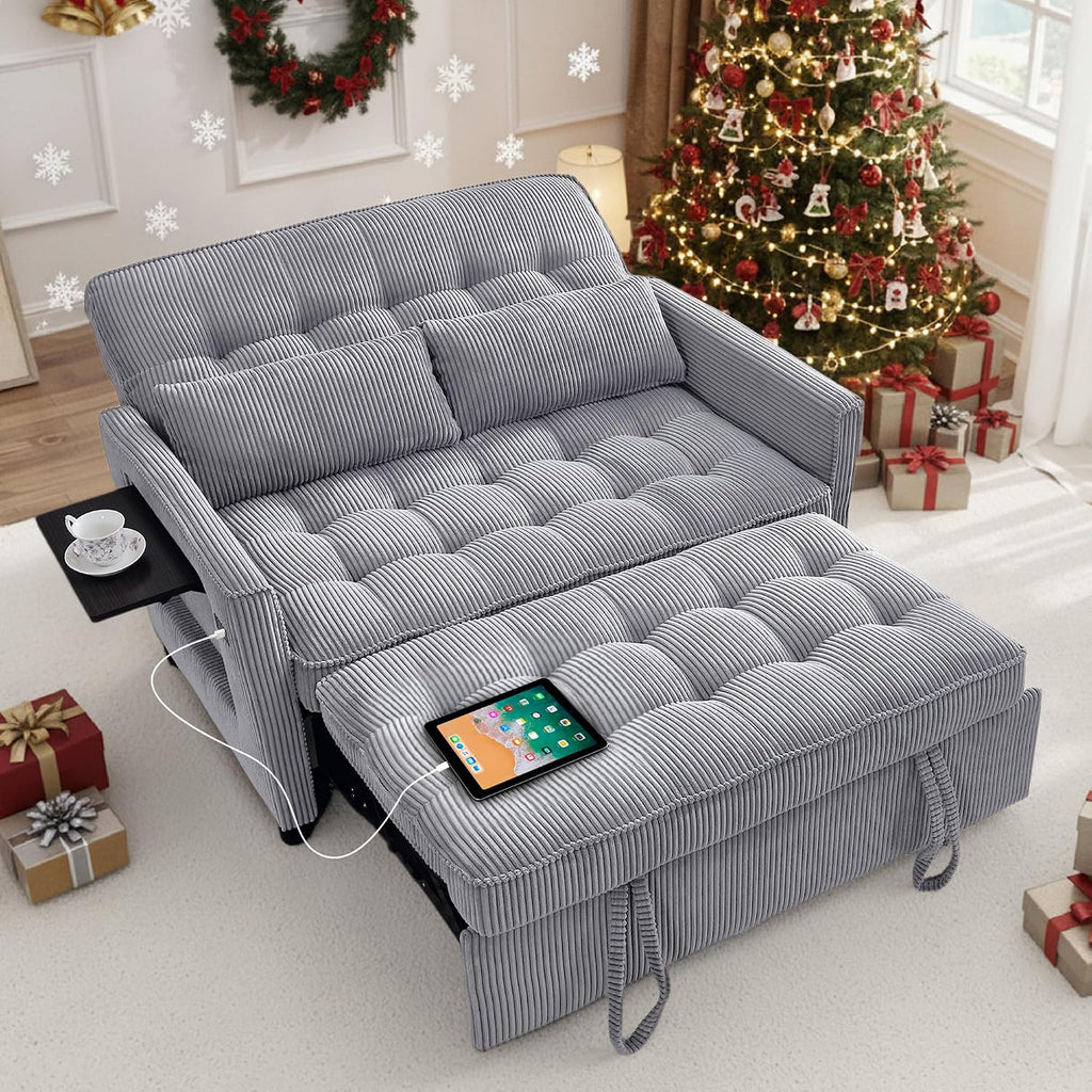 Sleeper Sofa Bed, 55'' Convertible Pull Out Couch with Small Table| USB Port | Side Pockets | Corduroy Fabric | Adjustable Backrest for Apartment, Office, Bedroom, Guest Room(LightGray)
