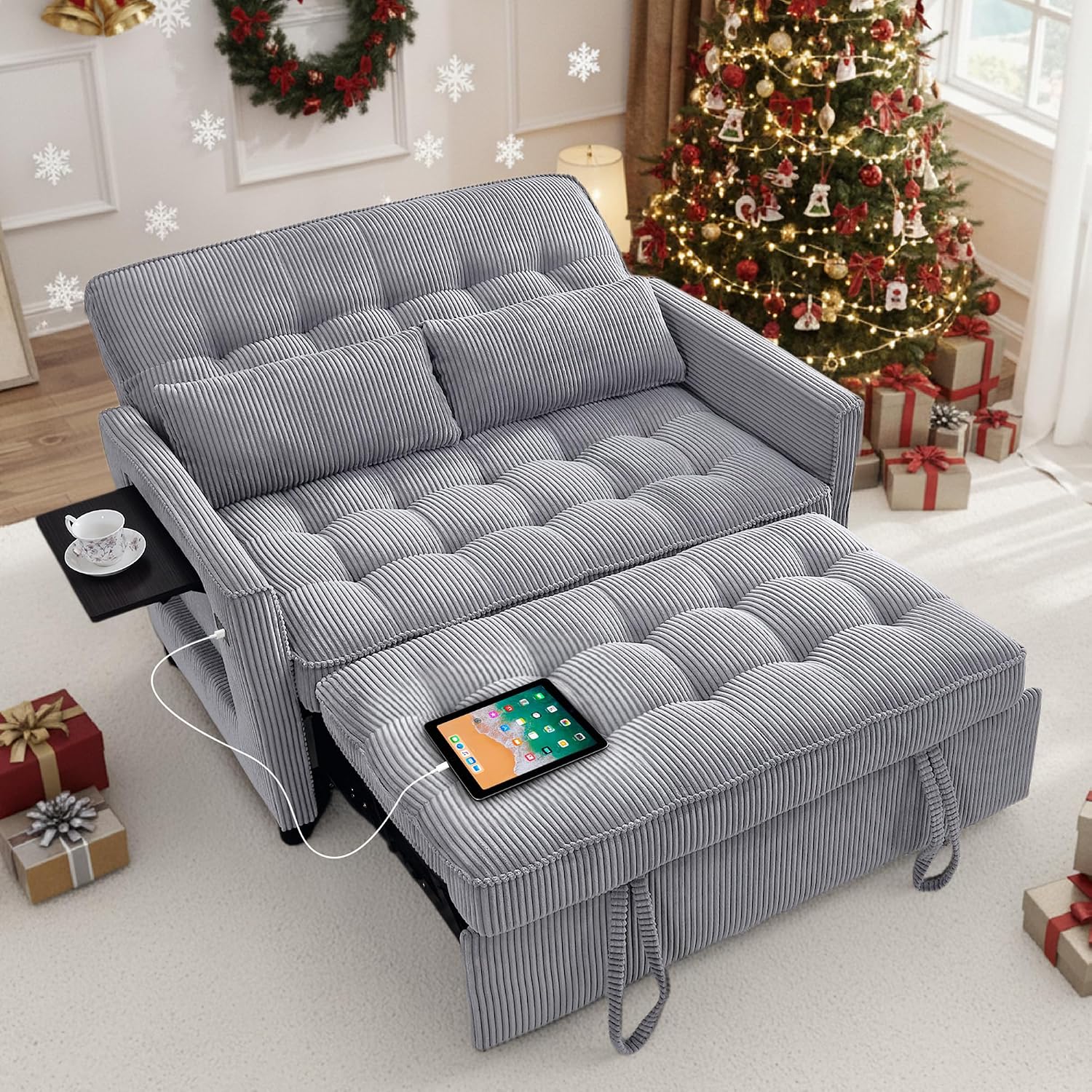 Sleeper Sofa Bed, 55'' Convertible Pull Out Couch with Small Table| USB Port | Side Pockets | Corduroy Fabric | Adjustable Backrest for Apartment, Office, Bedroom, Guest Room(LightGray)