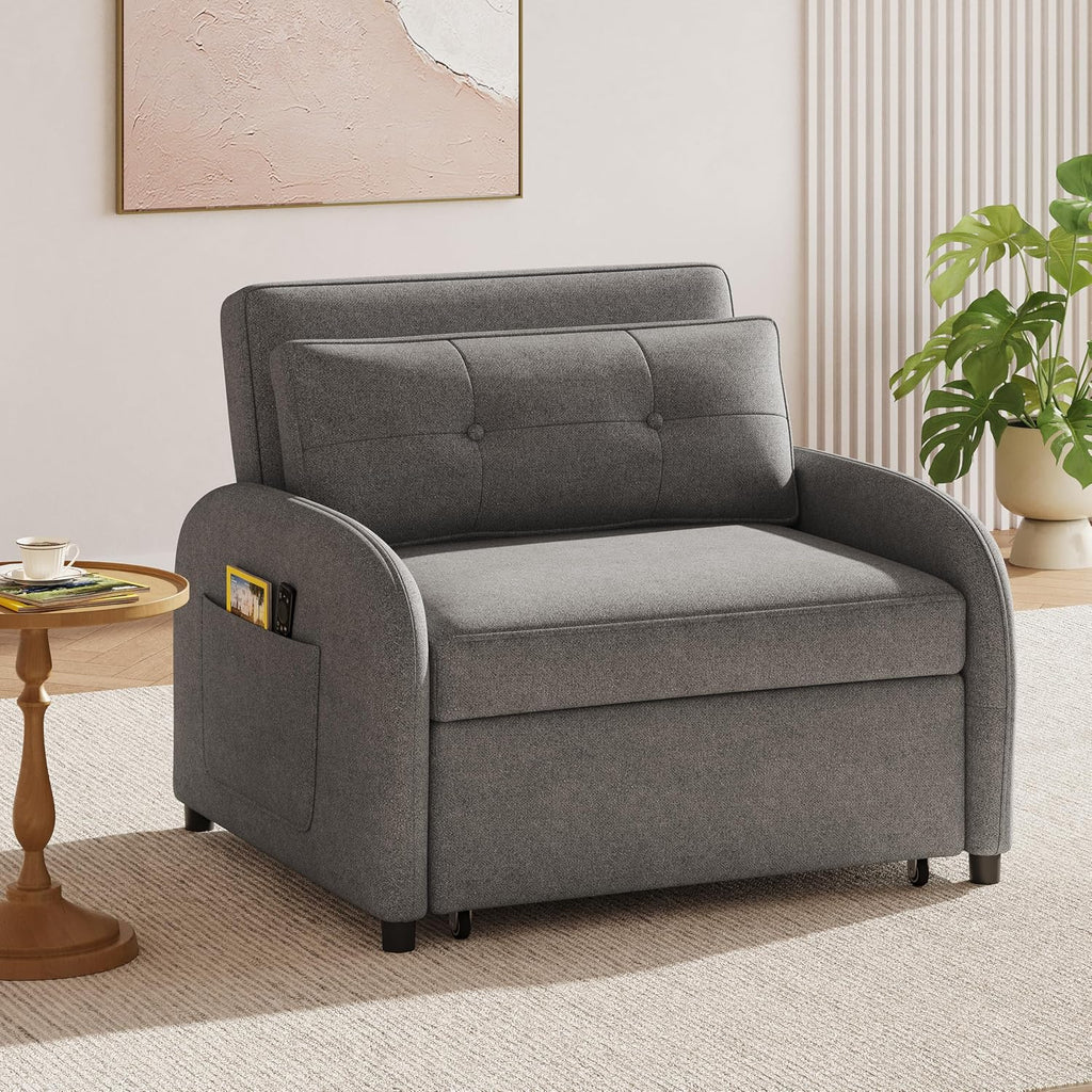 Merax 3-in-1 Convertible Sleeper Sofa Bed, Loveseat to Bed with Pullout Design, Soft Cotton Linen Fabric, Includes Pillow & Side Pockets for Small Spaces, Apartment, Living Room, Grey