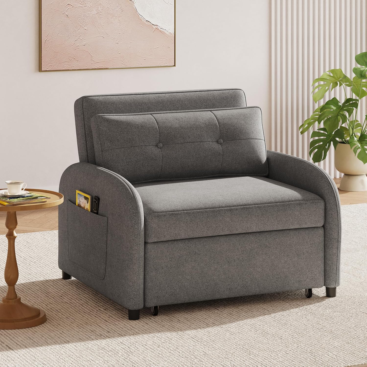 Merax 3-in-1 Convertible Sleeper Sofa Bed, Loveseat to Bed with Pullout Design, Soft Cotton Linen Fabric, Includes Pillow & Side Pockets for Small Spaces, Apartment, Living Room, Grey