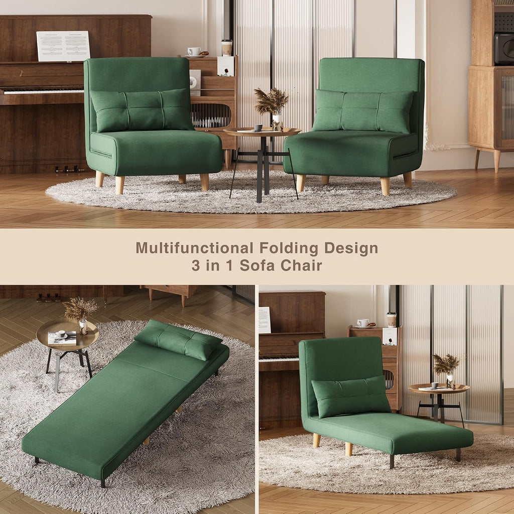 Aiho 3-in-1 Convertible Sleeper Chair Bed，Futon Chair with 6-Level Adjustable Backrest for Apartment, Bedroom, Office，Green