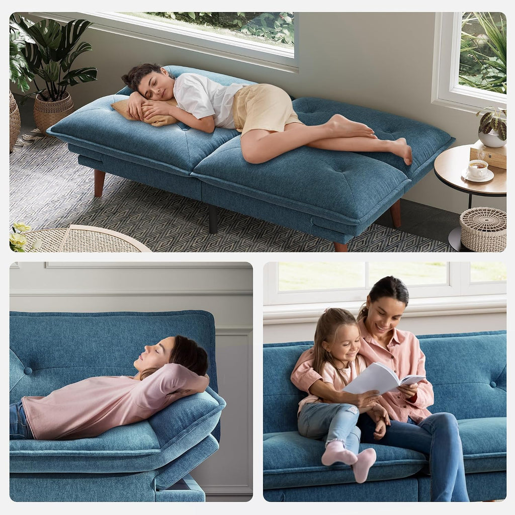 LINSY HOME Futon Sofa Bed, 70' Chenille Futon Couch with Adjustable Backrest Armrest, 3 in 1 Convertible Comfy Loveseat Sleeper Sofa Bed for Small Spaces Dorm Room Apartment Home Office, Blue