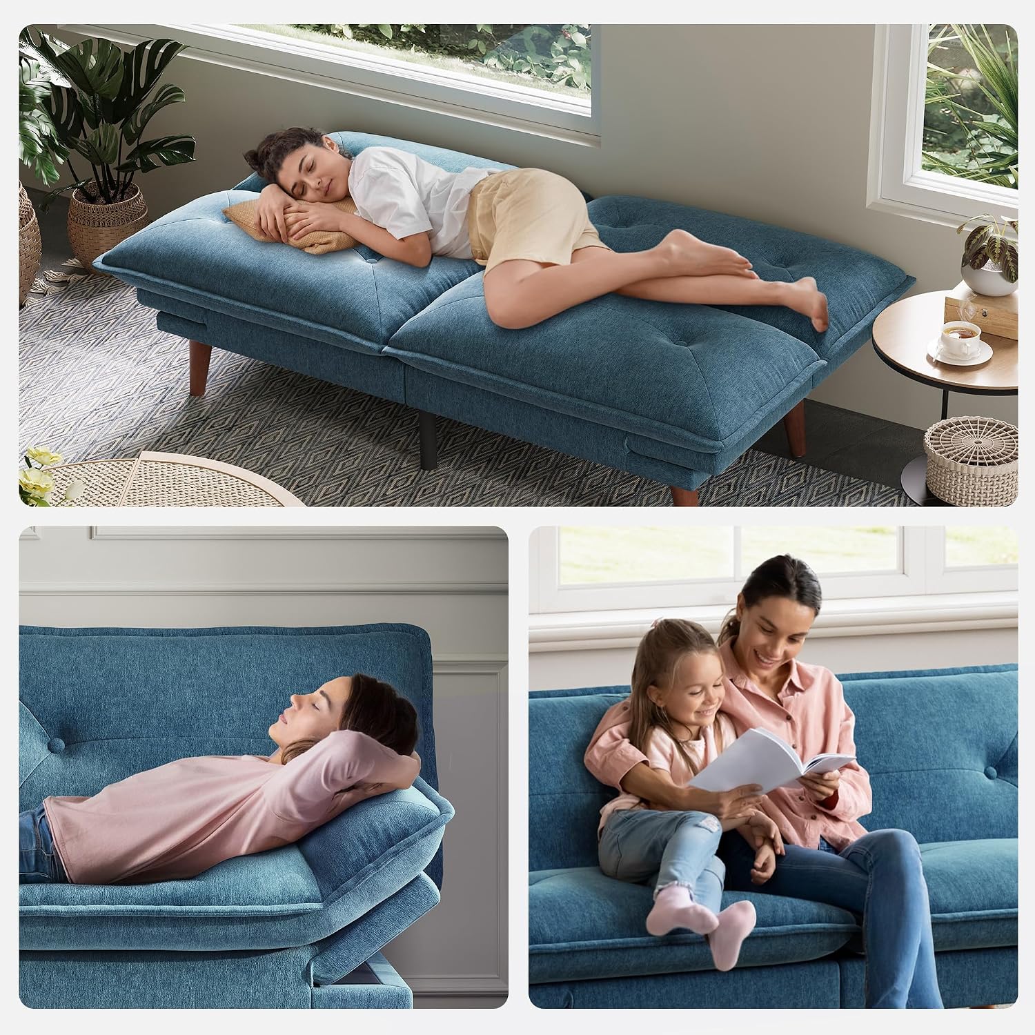 LINSY HOME Futon Sofa Bed, 70' Chenille Futon Couch with Adjustable Backrest Armrest, 3 in 1 Convertible Comfy Loveseat Sleeper Sofa Bed for Small Spaces Dorm Room Apartment Home Office, Blue
