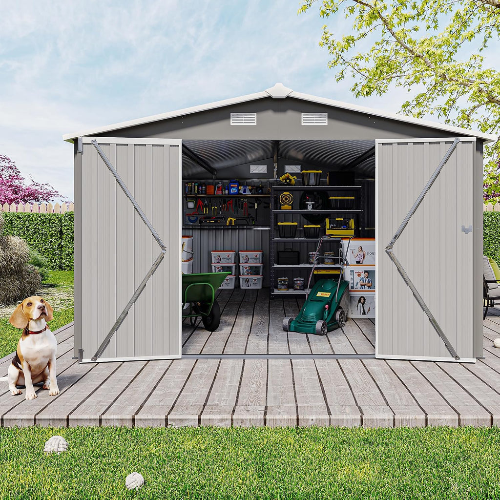 10 x14 FT Outdoor Storage Shed, Extra Large Metal Garden Shed with Waterproof Roof and 3 Lockable Doors, All-Weather Utility Tool Shed Storage House for Backyard, Patio, Lawn (Light Gray)