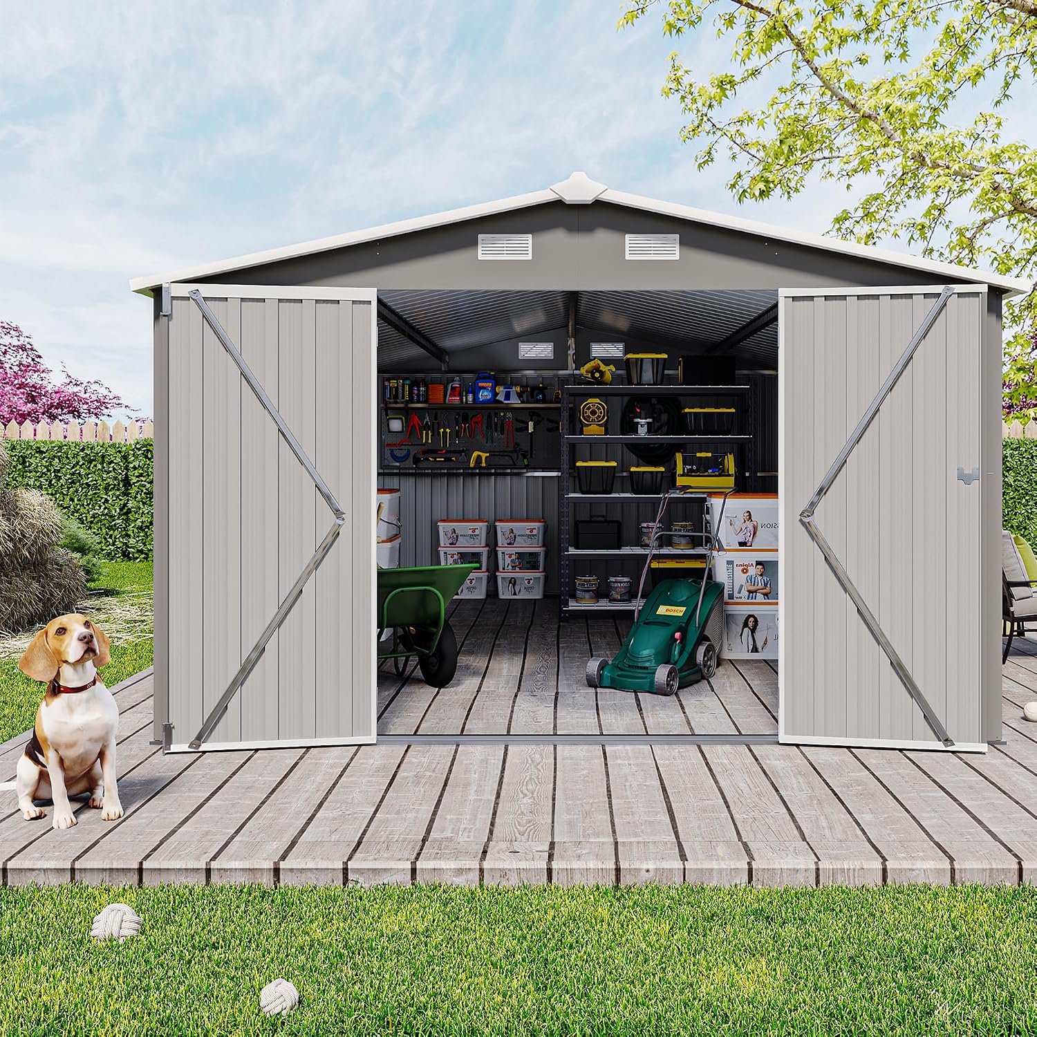10 x14 FT Outdoor Storage Shed, Extra Large Metal Garden Shed with Waterproof Roof and 3 Lockable Doors, All-Weather Utility Tool Shed Storage House for Backyard, Patio, Lawn (Light Gray)