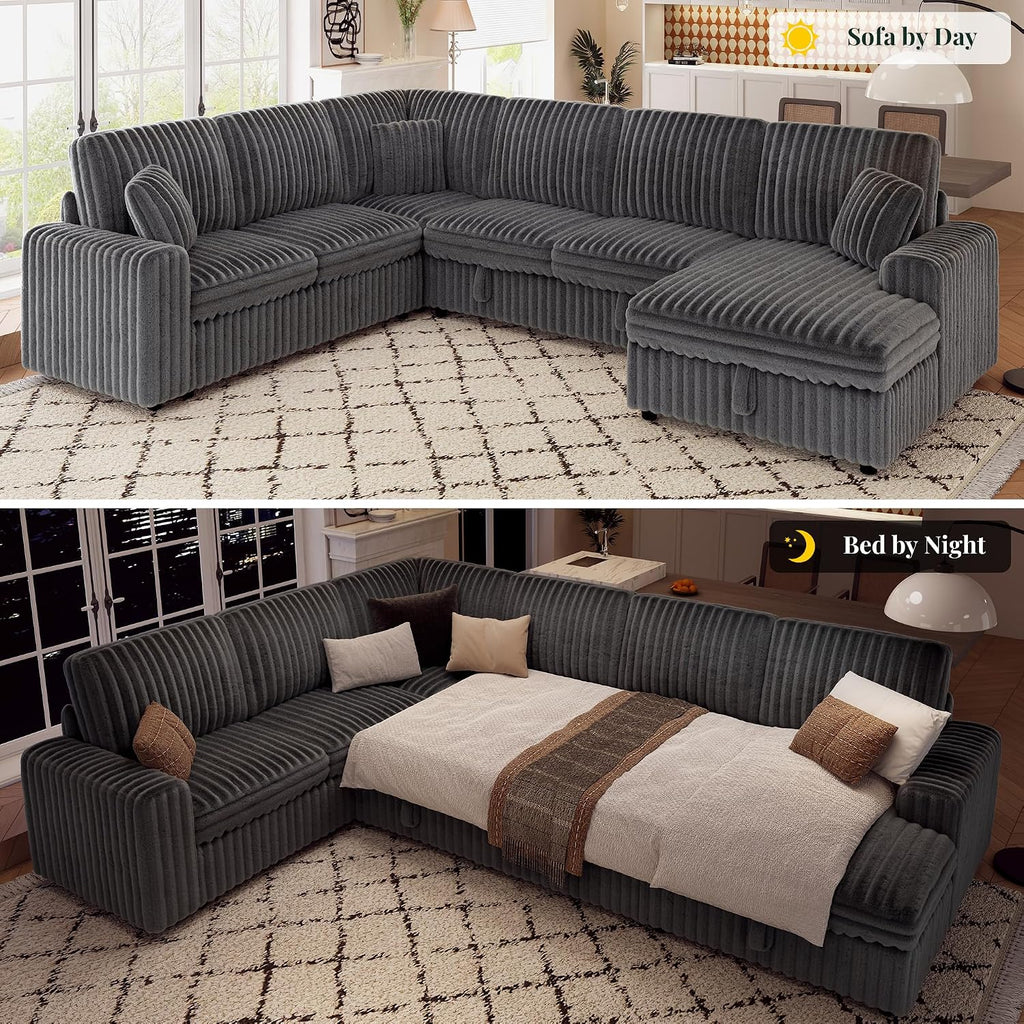 Jocisland 130' Sofa Bed, Sleeper Sofa, Pull Out Sleeper Couch with Storage, Convertible 6-Seater Sofa Bed for Living Room, Faux Fur Dark Grey