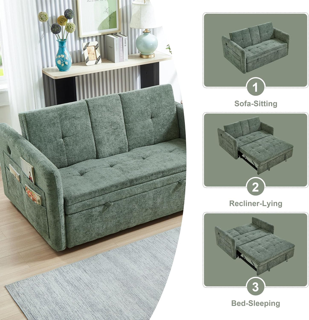 57.48' Convertible Sofa Bed with Cup Holder, Pull Out Sleeper Sofa Bed with USB Charging Ports, 3 in 1 Convertible Sleeper Sofa Bed for Living Room, Apartment, Bedroom, RV, Green