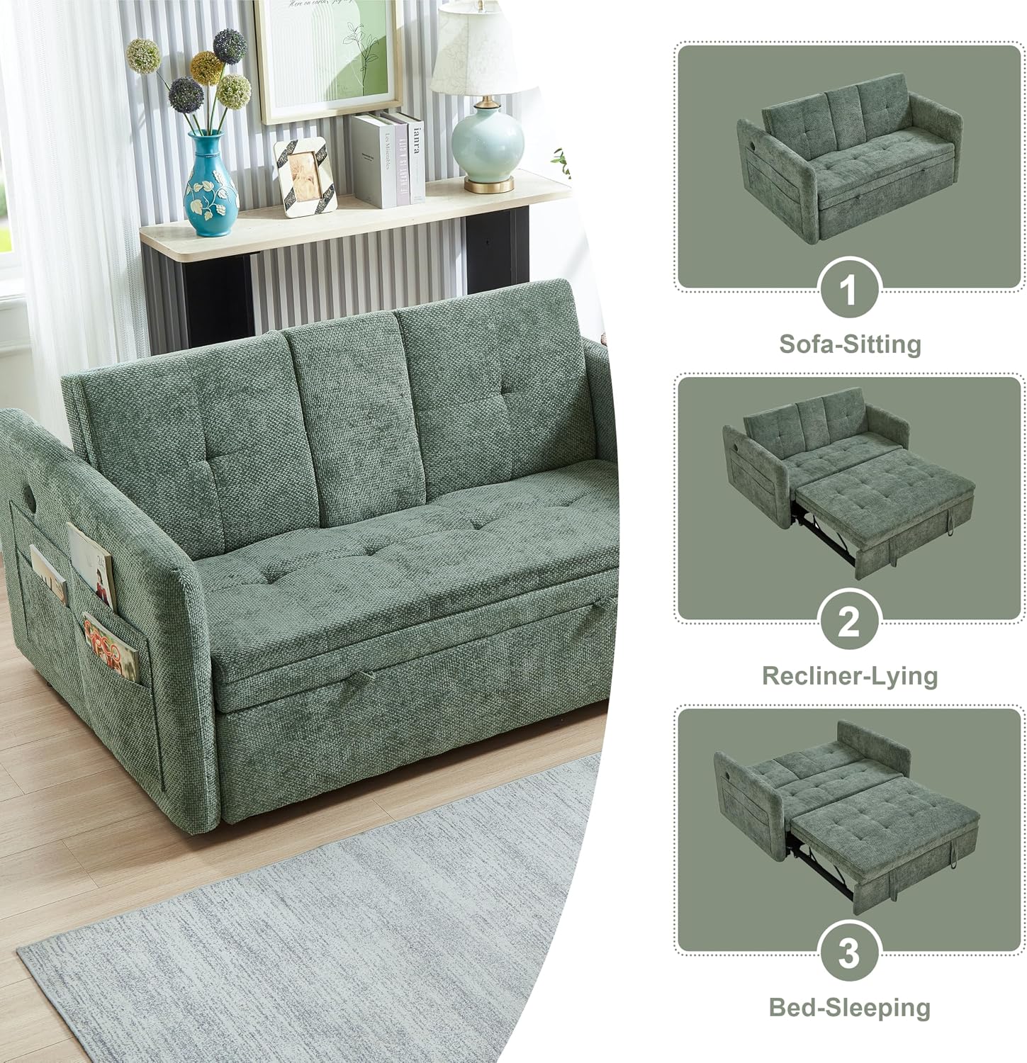 57.48' Convertible Sofa Bed with Cup Holder, Pull Out Sleeper Sofa Bed with USB Charging Ports, 3 in 1 Convertible Sleeper Sofa Bed for Living Room, Apartment, Bedroom, RV, Green