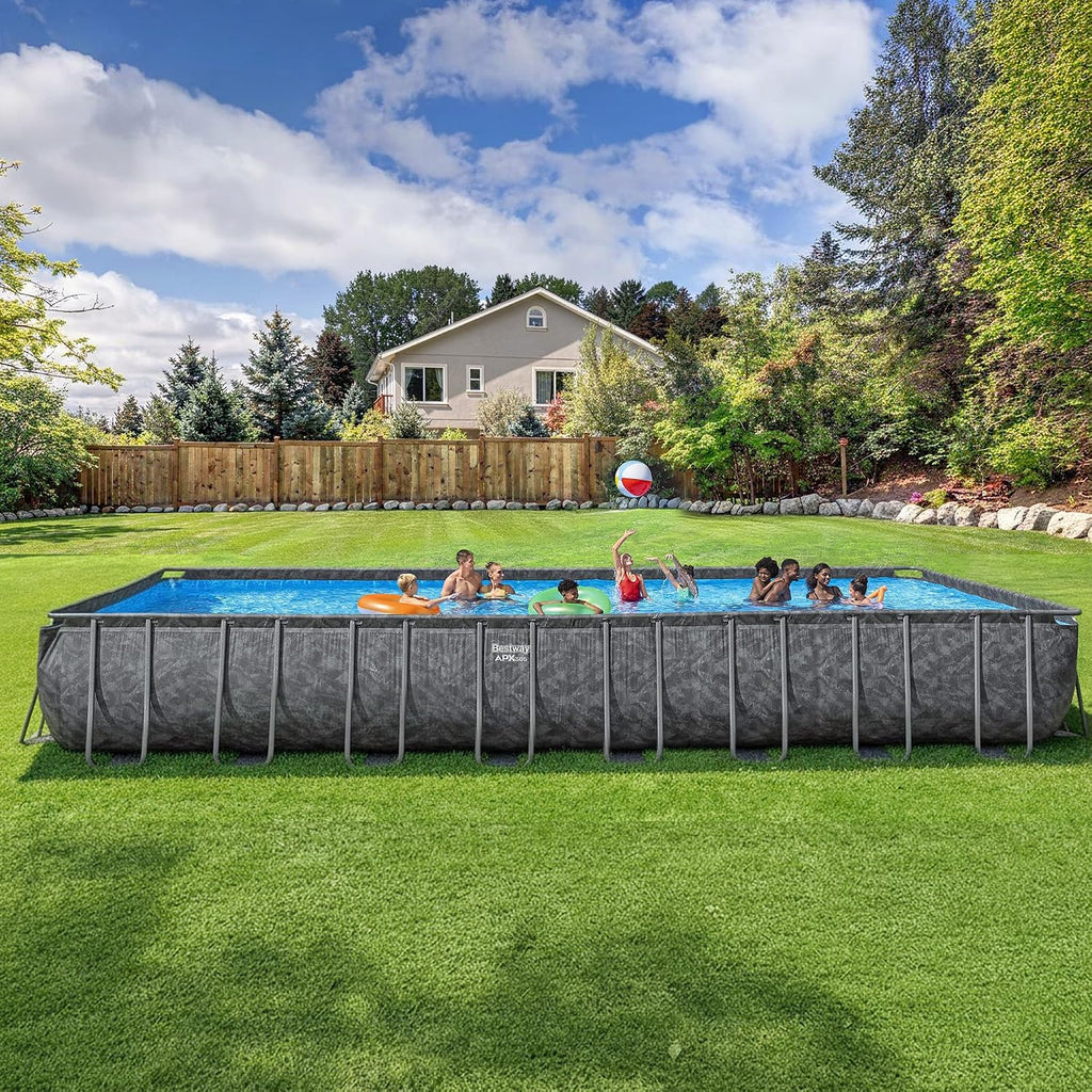 Bestway APX 365 31'4' x 16' x 52' Above Ground Pool, Rectangular Metal Frame Outdoor Swimming Pool Set with Sand Filter Pump, Ladder, and Cover, Dark Marble