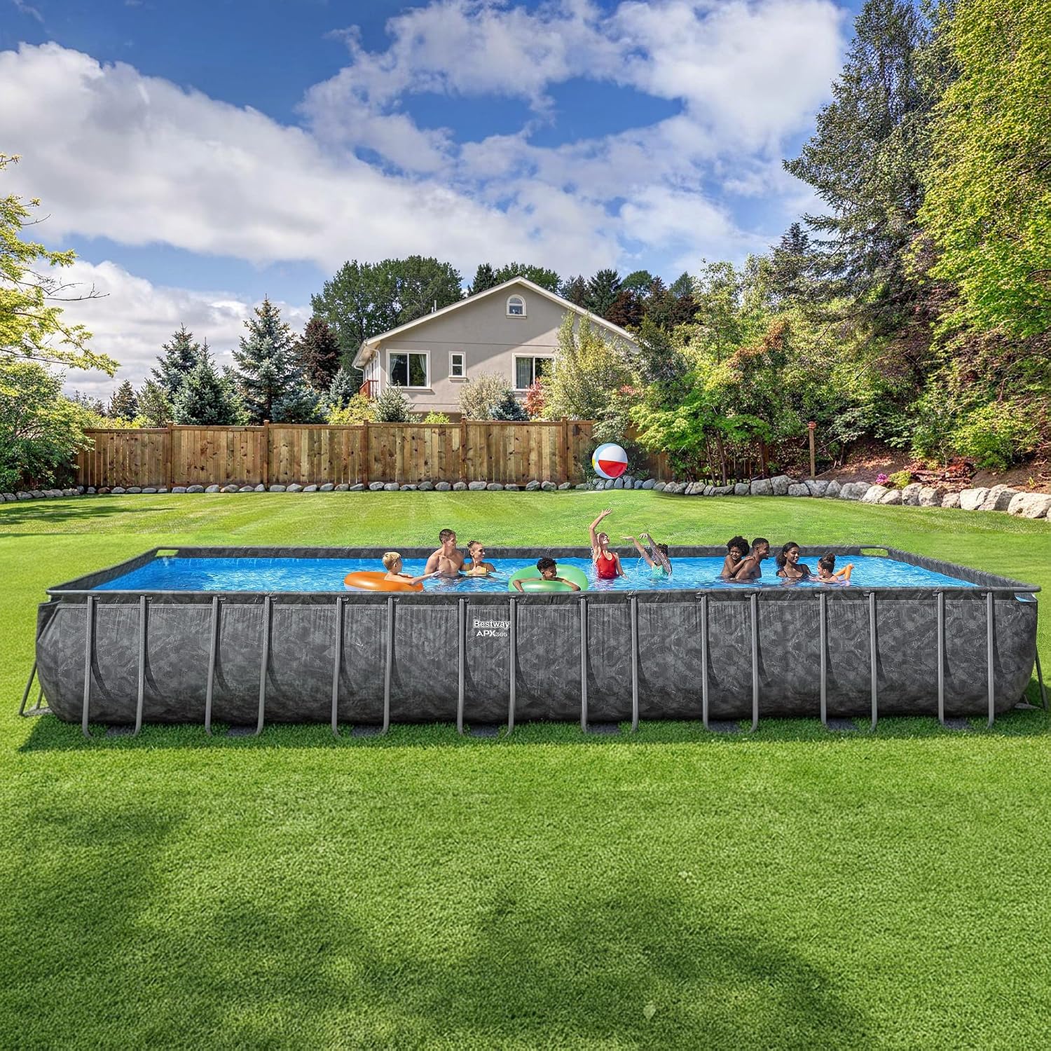 Bestway APX 365 31'4' x 16' x 52' Above Ground Pool, Rectangular Metal Frame Outdoor Swimming Pool Set with Sand Filter Pump, Ladder, and Cover, Dark Marble