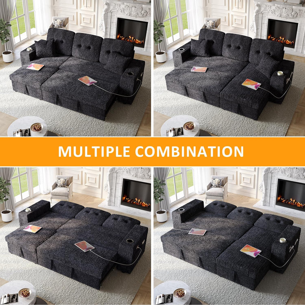 90 Inch Sleeper Sofa Bed, 4 in 1 Pull Out Couch Bed with Adjustable Backrest | Reversible Storage Chaise | Wide Armrest | Tool Free Assembly, Sectional Couches for Living Room, Black Chenille