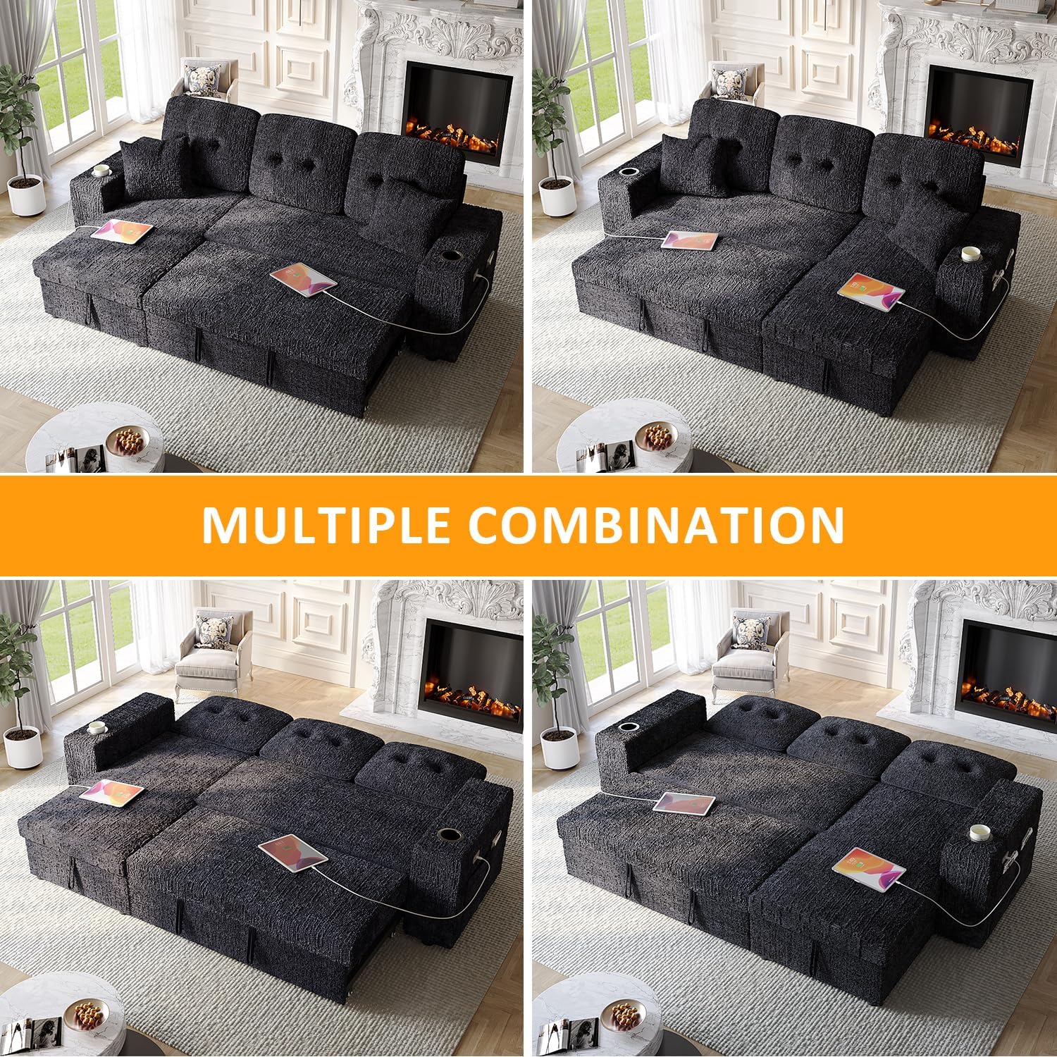90 Inch Sleeper Sofa Bed, 4 in 1 Pull Out Couch Bed with Adjustable Backrest | Reversible Storage Chaise | Wide Armrest | Tool Free Assembly, Sectional Couches for Living Room, Black Chenille